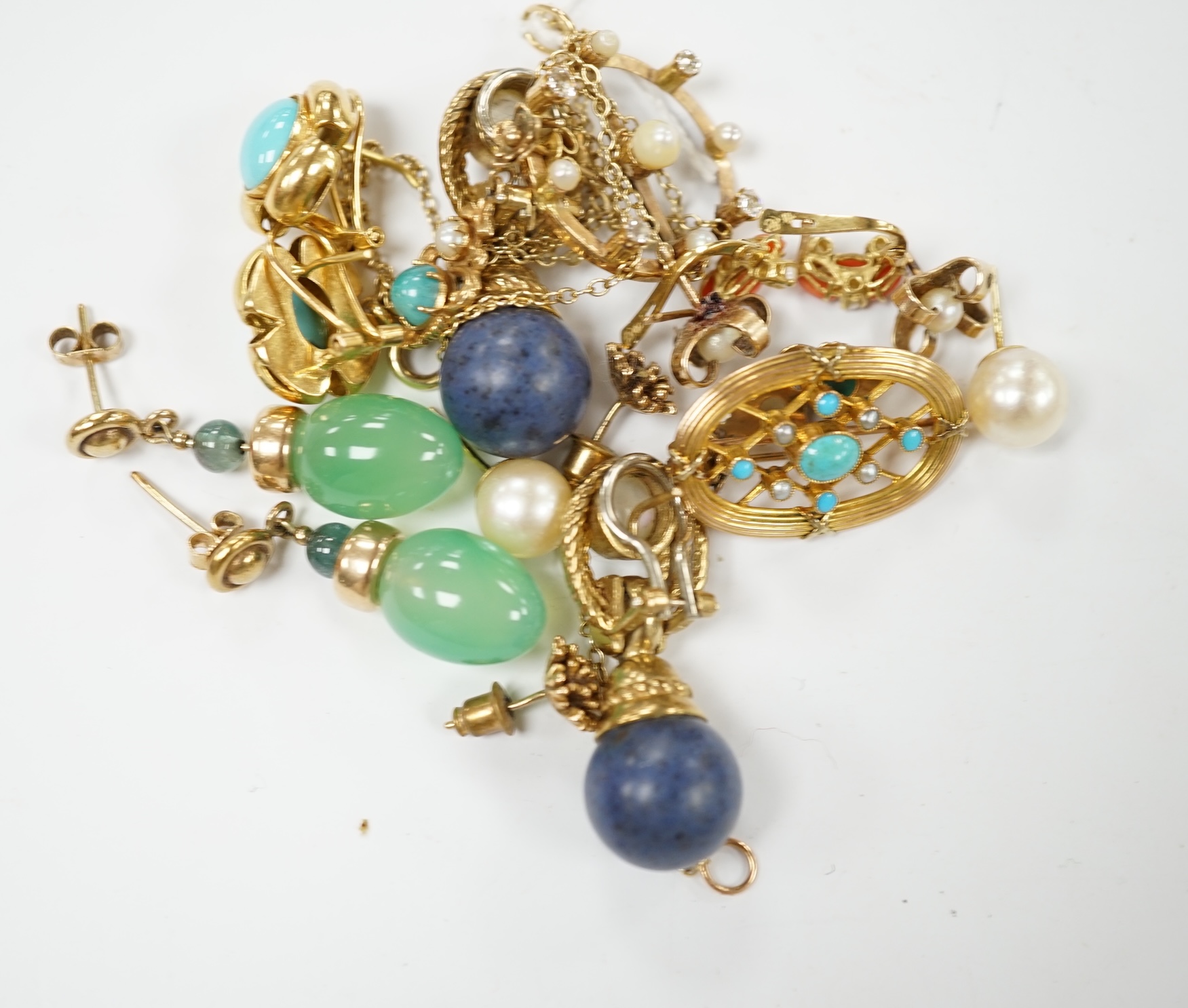 A group of assorted modern 9ct and gem set jewellery including cultured pearl and coral earrings, yellow metal and enamel earrings, etc., a 9ct turquoise and seed pearl set brooch and diamond and cultured pearl set open